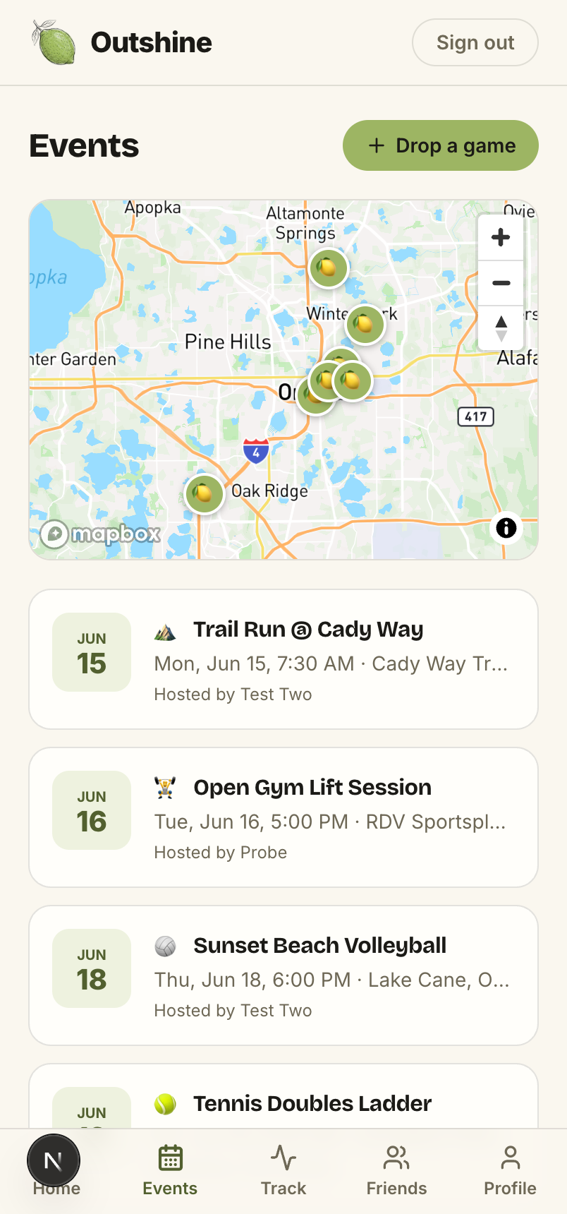 Find a game — Outshine app screen