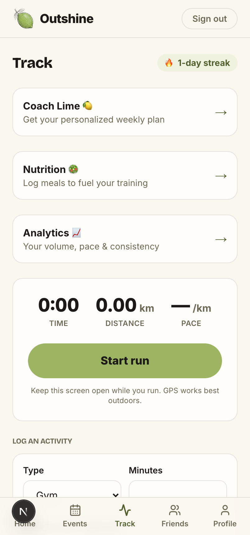 Track every move — Outshine app screen